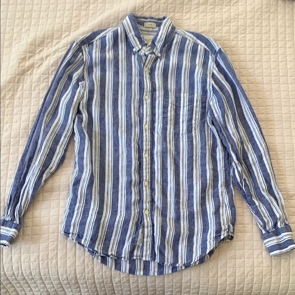 J. Crew Blue and White Slim Medium Linen Shirt